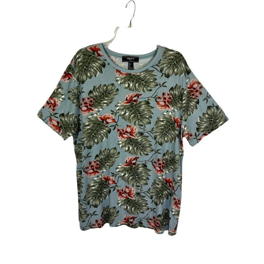 Forever 21 Cotton Modal T-Shirt Large Blue Mens Floral Short Sleeve Hawaiian